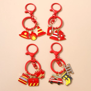Firefighter Theme Metal Keychain Red Enamel Fire Truck Hydrant Extinguisher Helmet Pendant Bag Charm Key Ring For Men Women