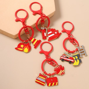 Red fire hydrant and rescue equipment metal keychain set with 4 pendant charms