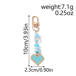 Detailed dimensions of blue pixel heart keychain with gold ring and size labels