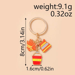 Firefighter keychain with fire suit and glove charms including dimensions and weight detail