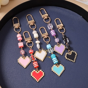 Colorful pixel heart beaded keychain set with golden hooks in six assorted vibrant colors