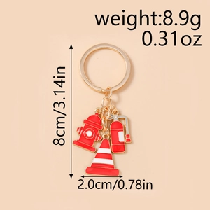 Detailed view of firefighter keychain with fire hydrant and extinguisher charms showing size 8cm