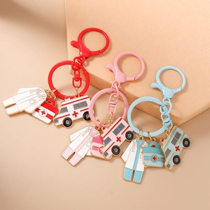 Nurse uniform and ambulance keychain set in red, pink and blue metal enamel finish