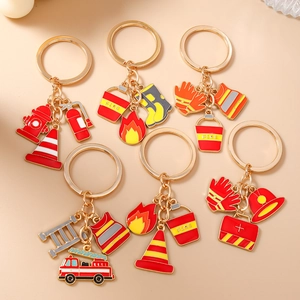 Firefighter themed enamel keychains set featuring fire truck and extinguisher charms