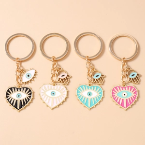 Porte-clés Cœur Mauvais Œil Avec Pendentif Main De Fatma Alliage De Zinc Émail Pendentif Sac Bohème Ethnique Bijoux Cadeau