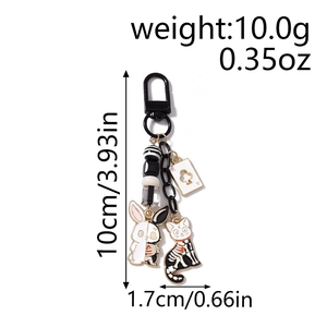 Detail view of cartoon animal keychain showing 10cm height and matte black metal clip