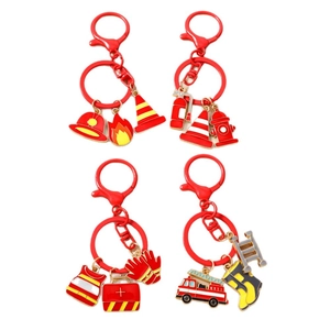 Firefighter keychain set with red hydrant extinguisher and truck charms on metal rings