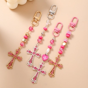 Lot de porte-clés à perles roses avec pendentifs croix en strass et crochets métal