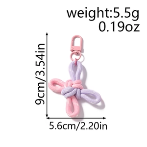Detail showing dimensions of the pink and purple hand-woven knot keychain clasp