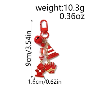 Detail showing dimensions of fire hydrant and traffic cone keychain with red bell charm