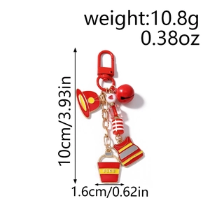 Detail showing firefighter keychain dimensions 10cm length and 10.8g weight with red charms