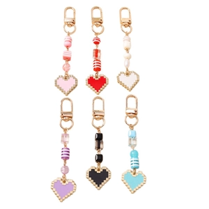 Set of 6 mosaic pixel heart keychains with colorful beads and golden lobster clasps