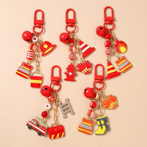 Firefighter Theme Metal Keychain Zinc Alloy Enamel Fire Truck Hydrant Helmet Pendant Creative Gift For Firemen Bag Hanging Decor