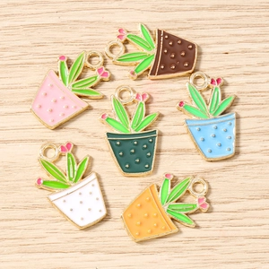 Set of colorful cactus pot charms with gold frames for DIY jewelry and keychain making