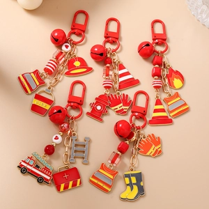 5Pcs Firefighter keychain set with ambulance charms, fire hydrants and red bells