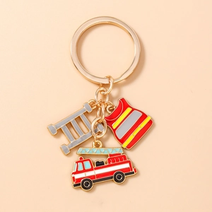 Detailed firefighter keychain with red fire truck, safety vest and ladder pendants