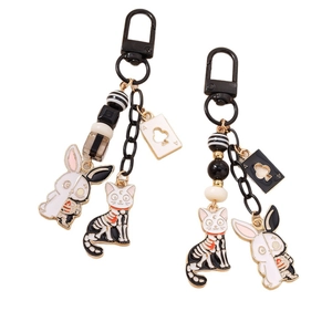 Gothic style skeleton cat and rabbit keychains with enamel poker card and beads