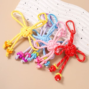 Handmade Chinese knot keychains in yellow blue pink and red with metal carabiner