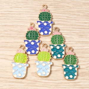 Pendentifs cactus en émail pour bijoux DIY avec pots dorés et fleurs roses délicates