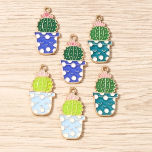 Pendentifs cactus en alliage DIY avec pots à pois colorés et visages souriants mignons