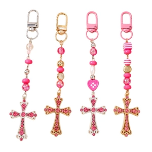 Lot de porte-clés à perles avec pendentifs croix en strass et perles acryliques rayées