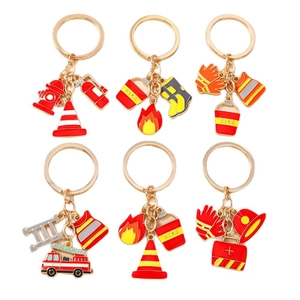 6-Piece firefighter keychain set with enamel charms including fire truck and helmet