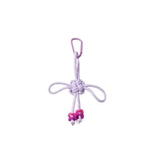 Handmade lavender Chinese knot keychain with purple metal carabiner on white background