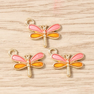 Détails de pendentifs libellules dorés avec émail rose et orange pour la création de bijoux
