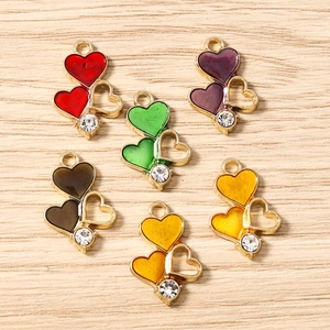 Colorful heart pendants with gold frames and rhinestones for DIY jewelry making