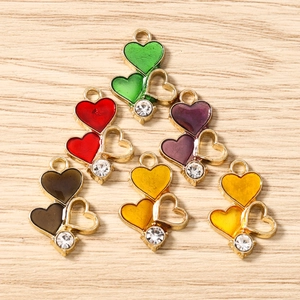 Colorful heart alloy charms with enamel finish and rhinestone for DIY jewelry making