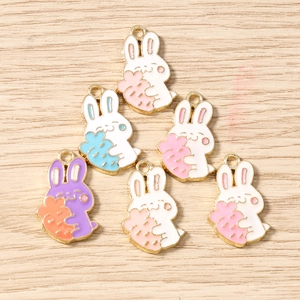 Cartoon rabbit alloy charms with carrot for DIY jewelry making in various colors