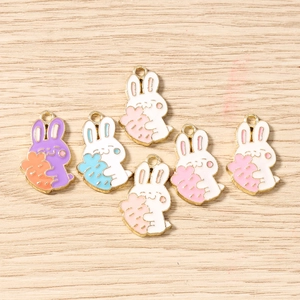 Set of six colorful cartoon rabbit alloy pendants with gold loops for DIY jewelry making