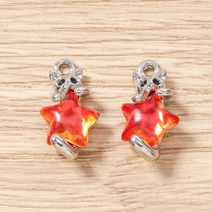 Détail de deux pendentifs chat en métal argenté avec étoiles rouges sur fond de bois