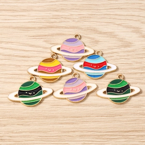 Smiling planet earth charms with enamel saturn ring for DIY jewelry making 10 pieces pack