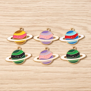 Set of six colorful planet enamel pendants with smiling face designs for DIY jewelry making