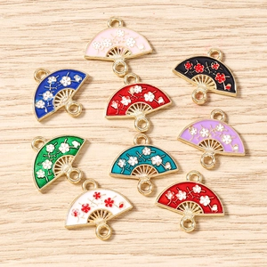 Colorful alloy enamel fan pendants with plum blossom patterns for DIY jewelry making