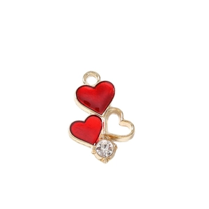 Triple heart pendant charms with red enamel and clear zircon in gold-plated alloy