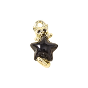 Pendentif chat doré tenant une étoile noire pour création de bijoux DIY et colliers