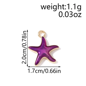 Purple enamel starfish charms with gold edges and size labels for jewelry making