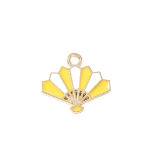 Golden fan alloy charm with white and yellow enamel detailing for DIY jewelry making