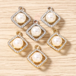 Alloy Geometric Square Rhinestone Paved Imitation Artificial Pearl Pendants DIY Jewelry Making Charms For Necklace Earrings Bracelets Women Elegant Accessories