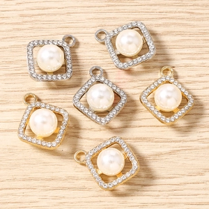 Square rhinestone geometric charms with white pearl inlay for DIY jewelry making