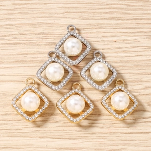 Set of square rhinestone pendants with white pearls for DIY jewelry making in gold and silver