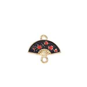 Golden folding fan charms with black enamel and red plum blossoms for DIY jewelry making