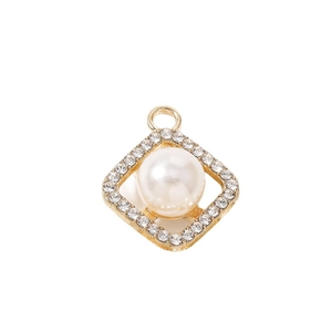 Golden diamond geometric pendant with white pearl and rhinestones for DIY jewelry making