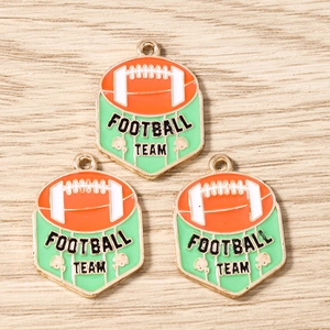 Detail von grün-orangefarbenen Football Team Emaille-Anhängern auf Holzgrundlage