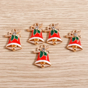 Pack of 10 Christmas bell charms with red green enamel and rhinestones for DIY jewelry
