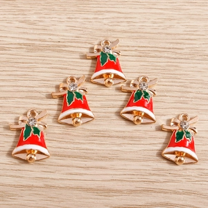 Christmas red enamel bell pendants with holly leaves and bowknot for jewelry making
