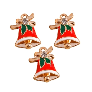Set of three red enamel Christmas bell pendants with gold bow and green holly leaves