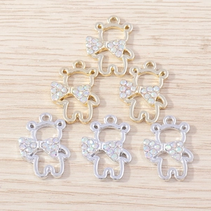 Cute cartoon bear pendants with rhinestone bows for DIY jewelry in gold and silver